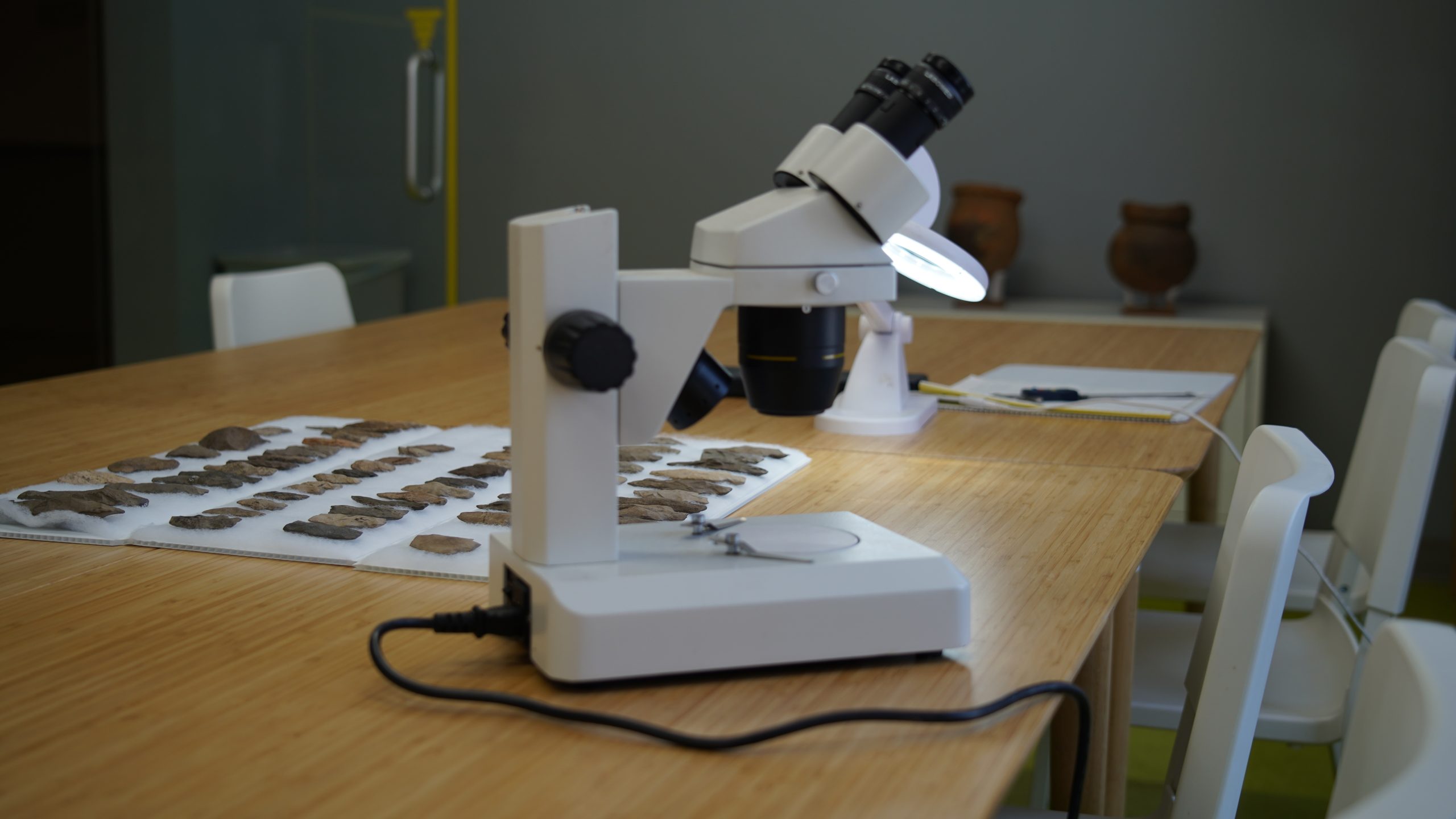 Microscope sur une table en bois dans l'exposition permanente Laboratoire